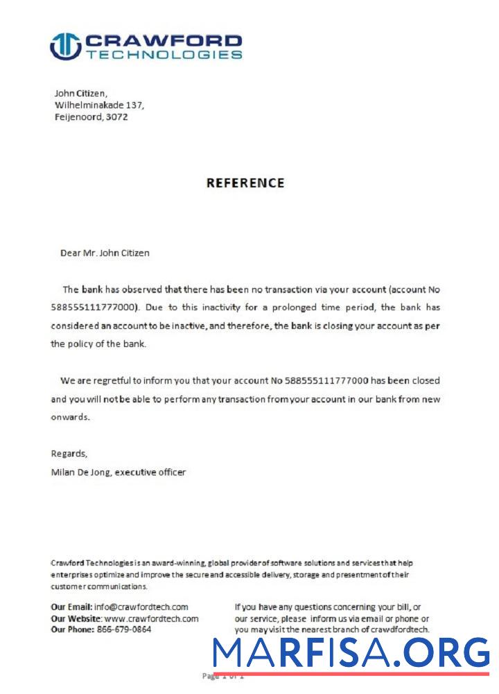 Printable Netherlands Crawford bank closure reference real example